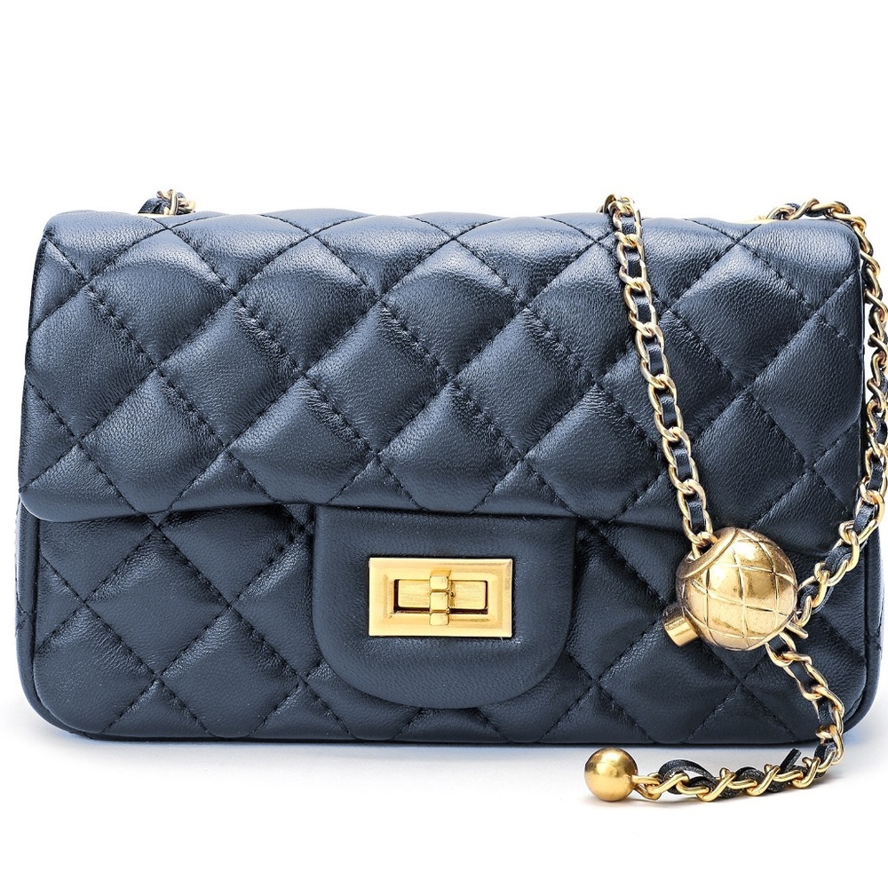 Tiffany & Fred Paris Quilted Sheepskin Leather Shoulder Crossbody Bag - Navy